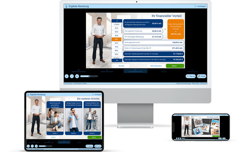 ein iMac, ein iPad und ein iPhone mit Dashboard-Oberflächen der digitalen bAV-Beratung in den Displays